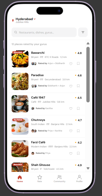 Food Recs mobile app restaurant recommendations